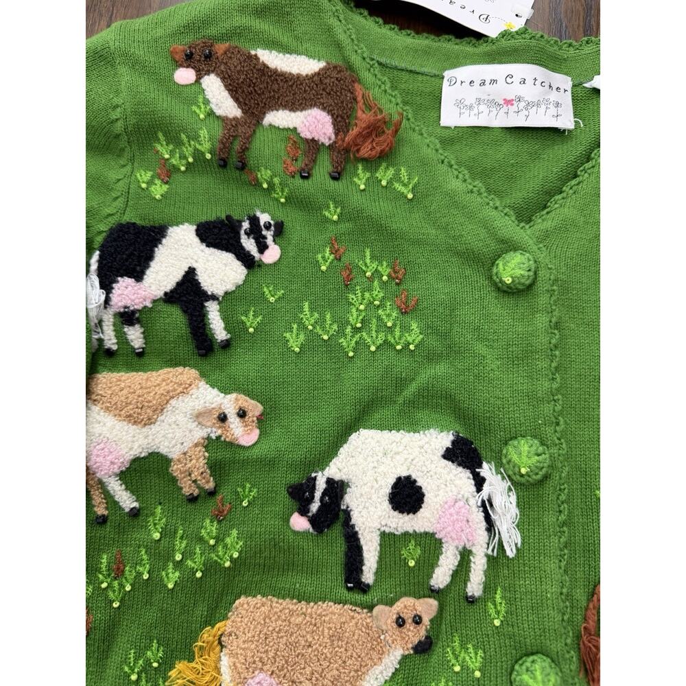 Dream Catcher Green Knitting Cows 3D Cottagecore Granny Cardigan Sweater Size M - Picture 2 of 2